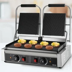 VEVOR Commercial Panini Grill, 1800W Electric Sandwich Panini Maker, Stainless Steel Sandwichs Press with Handle and Temp Control, 13.5x9.3 in Full Grooved Enamel Plate, for Hamburger Steak Bacon