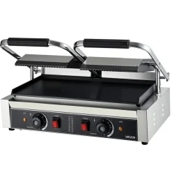 VEVOR Commercial Panini Grill, 1800W Electric Sandwich Panini Maker, Stainless Steel Sandwichs Press with Handle and Temp Control, 13.5x9.3 in Full Grooved Enamel Plate, for Hamburger Steak Bacon