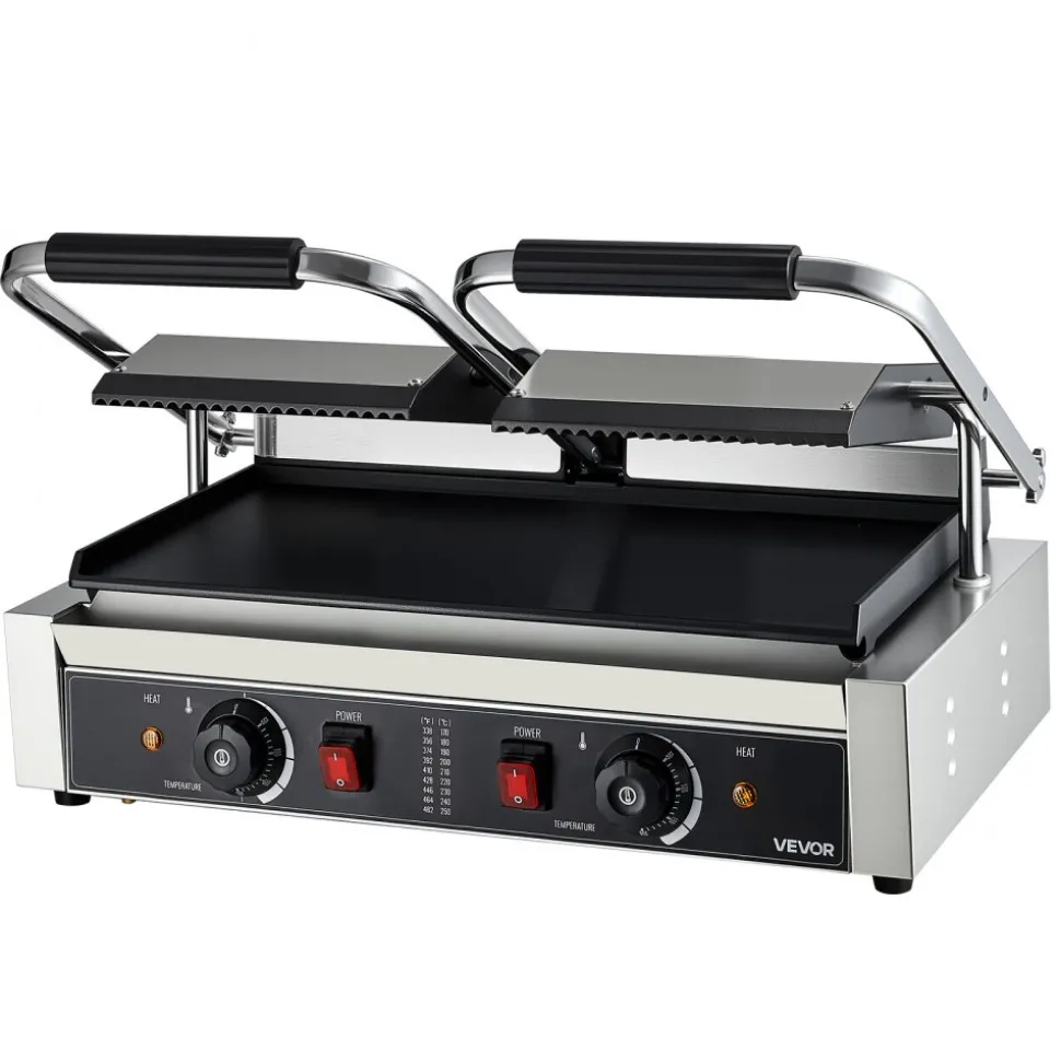 VEVOR Commercial Panini Grill, 1800W Electric Sandwich Panini Maker, Stainless Steel Sandwichs Press with Handle and Temp Control, 13.5x9.3 in Full Grooved Enamel Plate, for Hamburger Steak Bacon