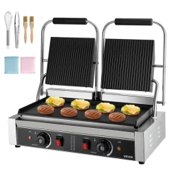 VEVOR Commercial Panini Grill, 1800W Electric Sandwich Panini Maker, Stainless Steel Sandwichs Press with Handle and Temp Control, 13.5x9.3 in Full Grooved Enamel Plate, for Hamburger Steak Bacon