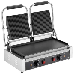 VEVOR Commercial Panini Grill, 1800W Electric Sandwich Panini Maker, Stainless Steel Sandwichs Press with Handle and Temp Control, 13.5x9.3 in Full Grooved Enamel Plate, for Hamburger Steak Bacon