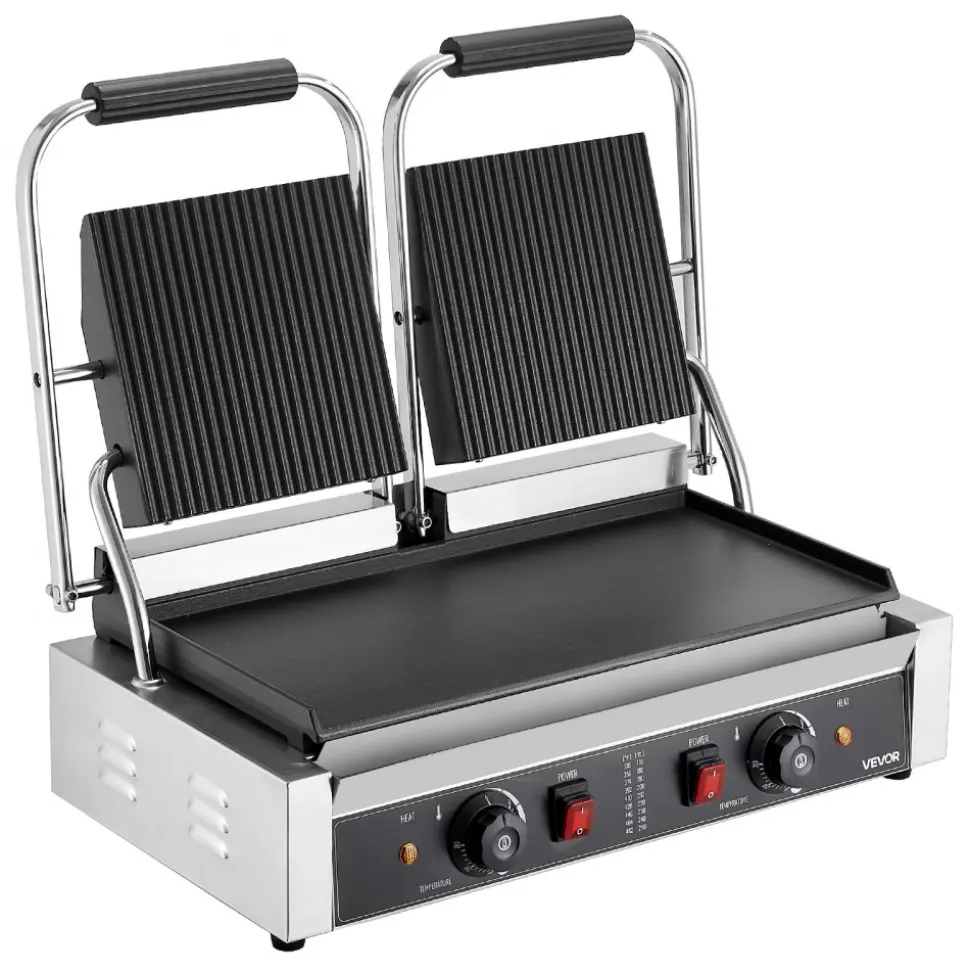 VEVOR Commercial Panini Grill, 1800W Electric Sandwich Panini Maker, Stainless Steel Sandwichs Press with Handle and Temp Control, 13.5x9.3 in Full Grooved Enamel Plate, for Hamburger Steak Bacon