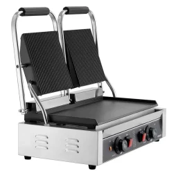 VEVOR Commercial Panini Grill, 1800W Electric Sandwich Panini Maker, Stainless Steel Sandwichs Press with Handle and Temp Control, 13.5x9.3 in Full Grooved Enamel Plate, for Hamburger Steak Bacon
