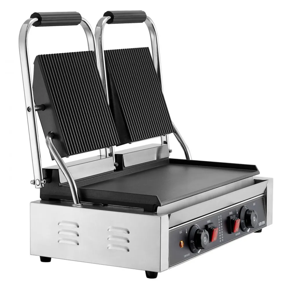 VEVOR Commercial Panini Grill, 1800W Electric Sandwich Panini Maker, Stainless Steel Sandwichs Press with Handle and Temp Control, 13.5x9.3 in Full Grooved Enamel Plate, for Hamburger Steak Bacon