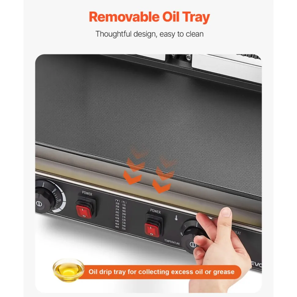 VEVOR Commercial Panini Grill, 1800W Electric Sandwich Panini Maker, Stainless Steel Sandwichs Press with Handle and Temp Control, 13.5x9.3 in Full Grooved Enamel Plate, for Hamburger Steak Bacon