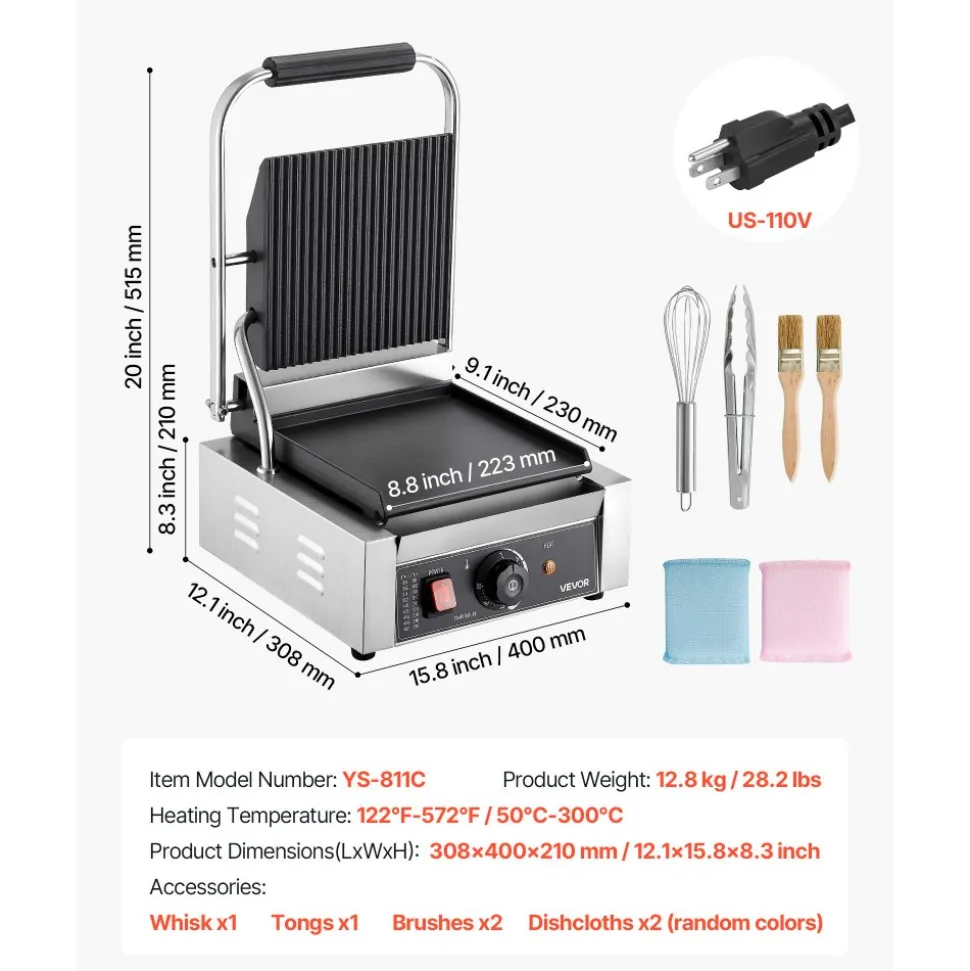 VEVOR Commercial Panini Grill, 1800W Electric Sandwich Panini Maker, Stainless Steel Sandwichs Press Grill with Handle and Temp Control, 8.8x9 in Flat Enamel Plate, for Hamburger Steak Bacon