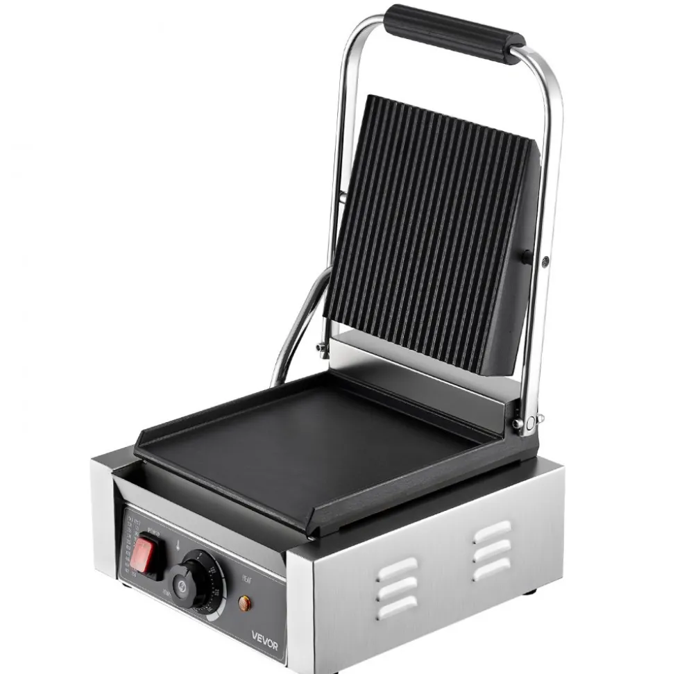 VEVOR Commercial Panini Grill, 1800W Electric Sandwich Panini Maker, Stainless Steel Sandwichs Press Grill with Handle and Temp Control, 8.8x9 in Flat Enamel Plate, for Hamburger Steak Bacon