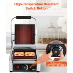 VEVOR Commercial Panini Grill, 1800W Electric Sandwich Panini Maker, Stainless Steel Sandwichs Press Grill with Handle and Temp Control, 8.8x9 in Flat Enamel Plate, for Hamburger Steak Bacon