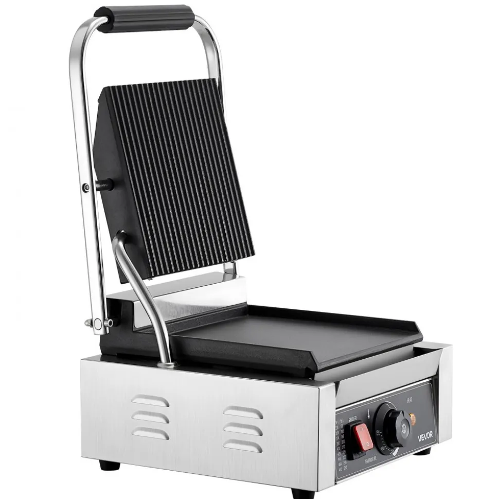 VEVOR Commercial Panini Grill, 1800W Electric Sandwich Panini Maker, Stainless Steel Sandwichs Press Grill with Handle and Temp Control, 8.8x9 in Flat Enamel Plate, for Hamburger Steak Bacon