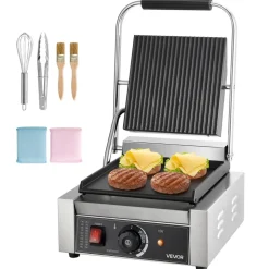 VEVOR Commercial Panini Grill, 1800W Electric Sandwich Panini Maker, Stainless Steel Sandwichs Press Grill with Handle and Temp Control, 8.8x9 in Flat Enamel Plate, for Hamburger Steak Bacon