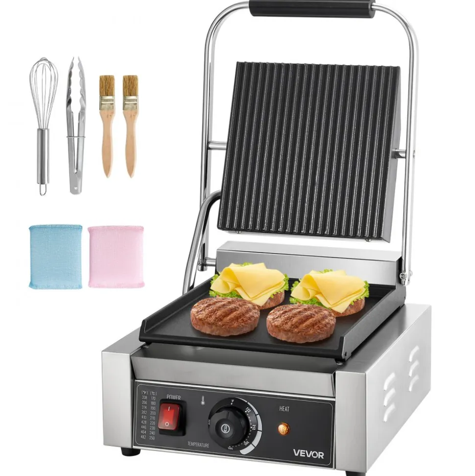 VEVOR Commercial Panini Grill, 1800W Electric Sandwich Panini Maker, Stainless Steel Sandwichs Press Grill with Handle and Temp Control, 8.8x9 in Flat Enamel Plate, for Hamburger Steak Bacon
