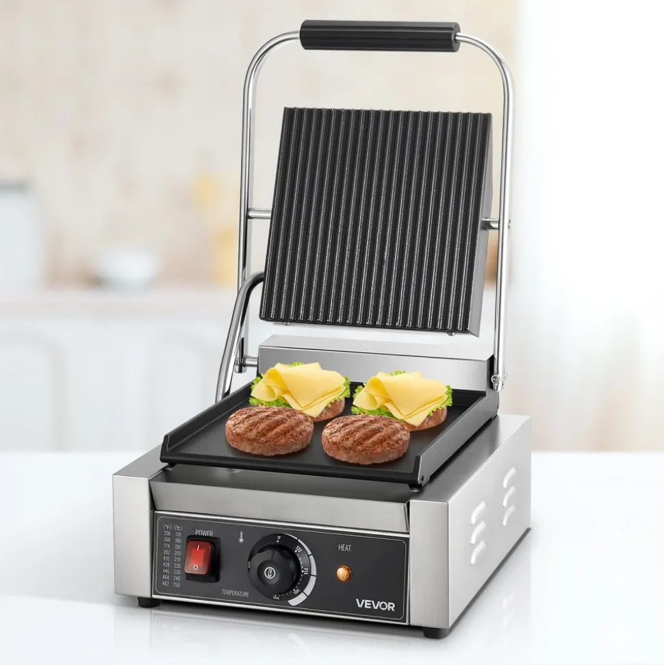 VEVOR Commercial Panini Grill, 1800W Electric Sandwich Panini Maker, Stainless Steel Sandwichs Press Grill with Handle and Temp Control, 8.8x9 in Flat Enamel Plate, for Hamburger Steak Bacon
