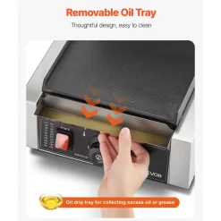 VEVOR Commercial Panini Grill, 1800W Electric Sandwich Panini Maker, Stainless Steel Sandwichs Press Grill with Handle and Temp Control, 8.8x9 in Flat Enamel Plate, for Hamburger Steak Bacon
