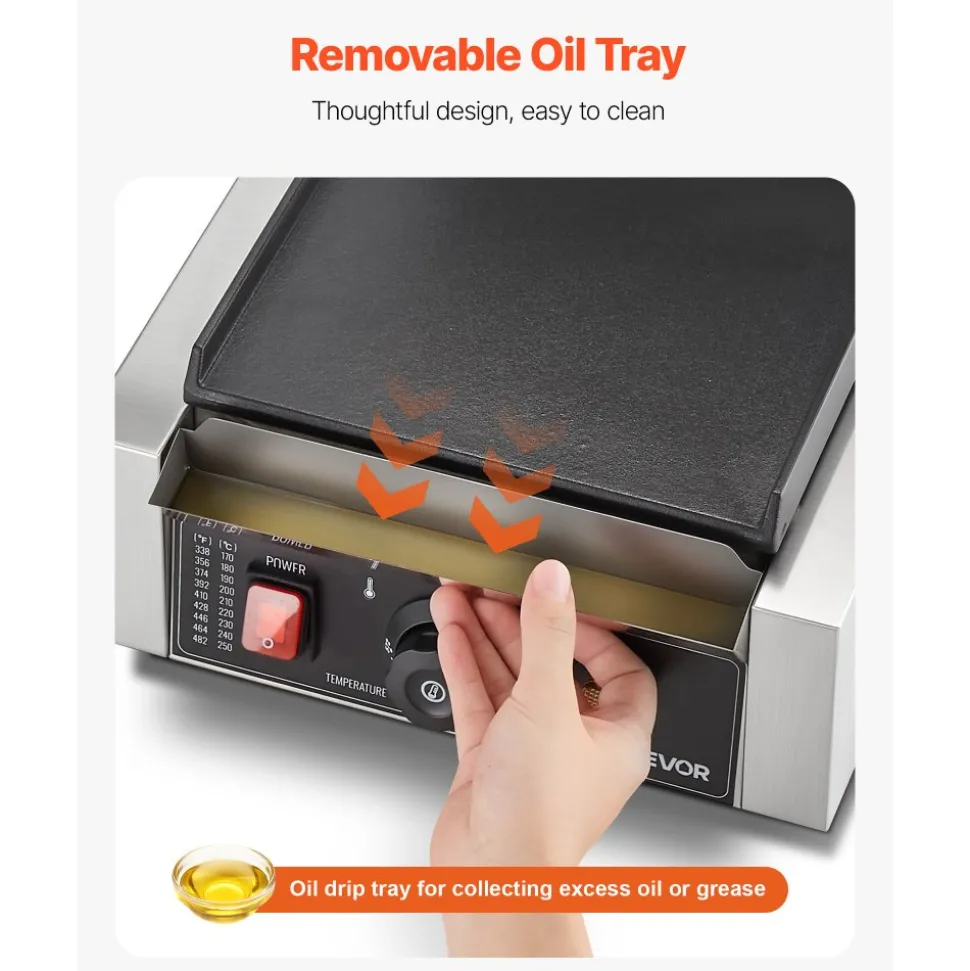 VEVOR Commercial Panini Grill, 1800W Electric Sandwich Panini Maker, Stainless Steel Sandwichs Press Grill with Handle and Temp Control, 8.8x9 in Flat Enamel Plate, for Hamburger Steak Bacon