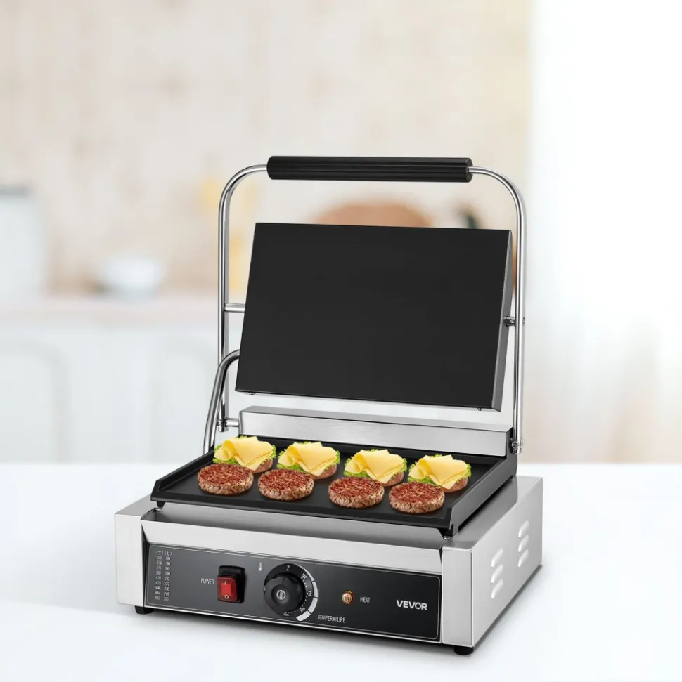 VEVOR Commercial Panini Grill, 3600W Electric Sandwich Panini Maker, Stainless Steel Double Sandwichs Press with Handle and Temp Control, 19x9 in Full Grooved Enamel Plate, for Hamburger Steak Bacon