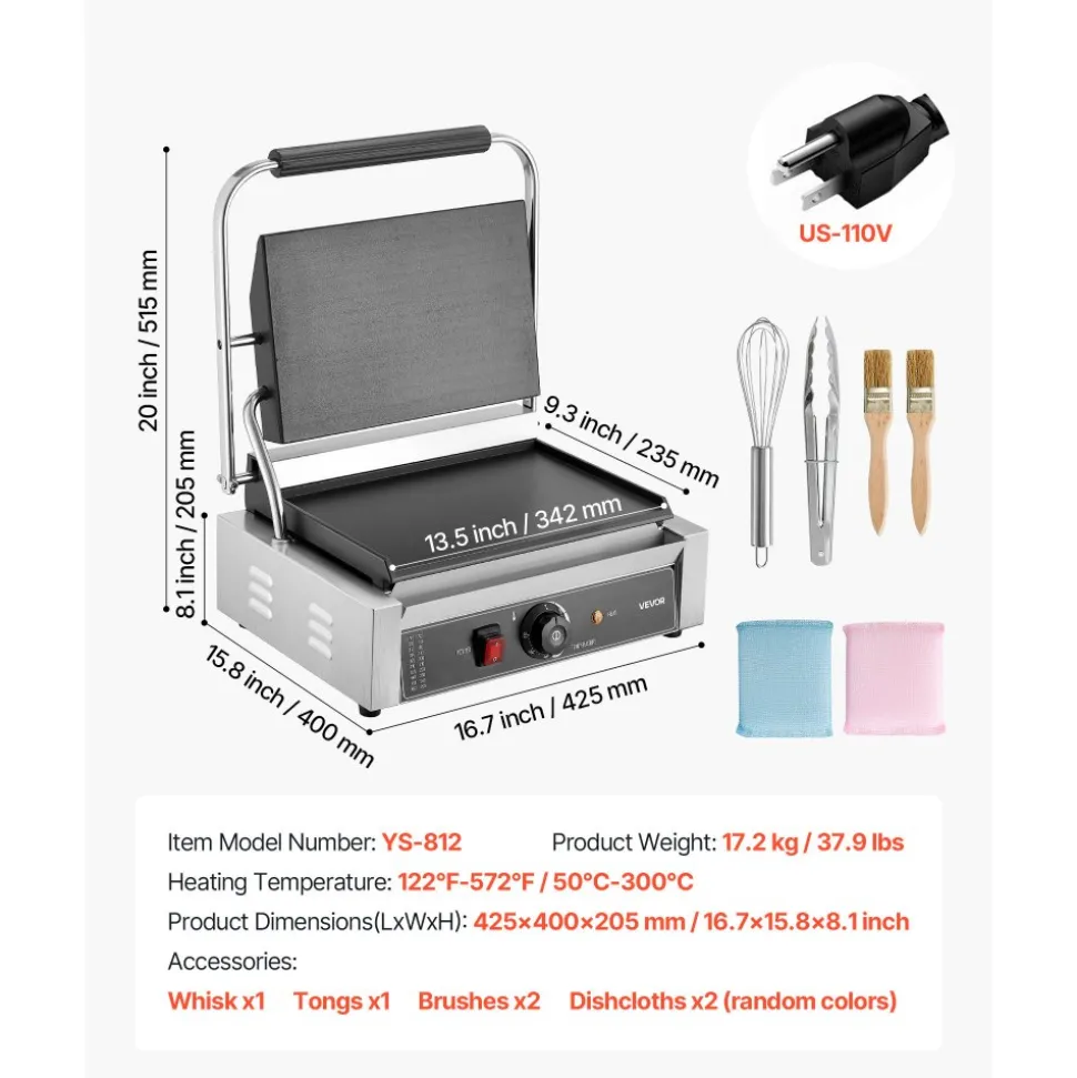VEVOR Commercial Panini Grill, 3600W Electric Sandwich Panini Maker, Stainless Steel Double Sandwichs Press with Handle and Temp Control, 19x9 in Full Grooved Enamel Plate, for Hamburger Steak Bacon