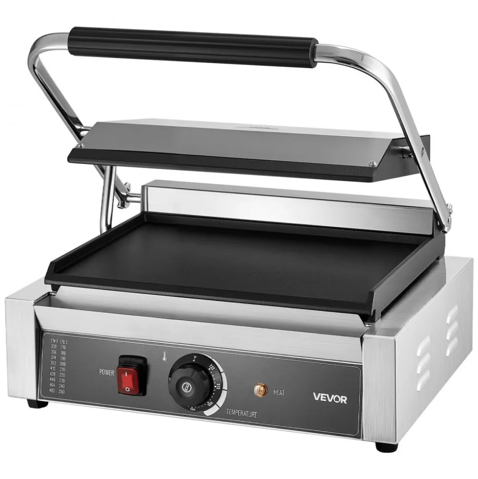 VEVOR Commercial Panini Grill, 3600W Electric Sandwich Panini Maker, Stainless Steel Double Sandwichs Press with Handle and Temp Control, 19x9 in Full Grooved Enamel Plate, for Hamburger Steak Bacon