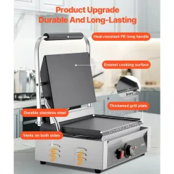 VEVOR Commercial Panini Grill, 3600W Electric Sandwich Panini Maker, Stainless Steel Double Sandwichs Press with Handle and Temp Control, 19x9 in Full Grooved Enamel Plate, for Hamburger Steak Bacon