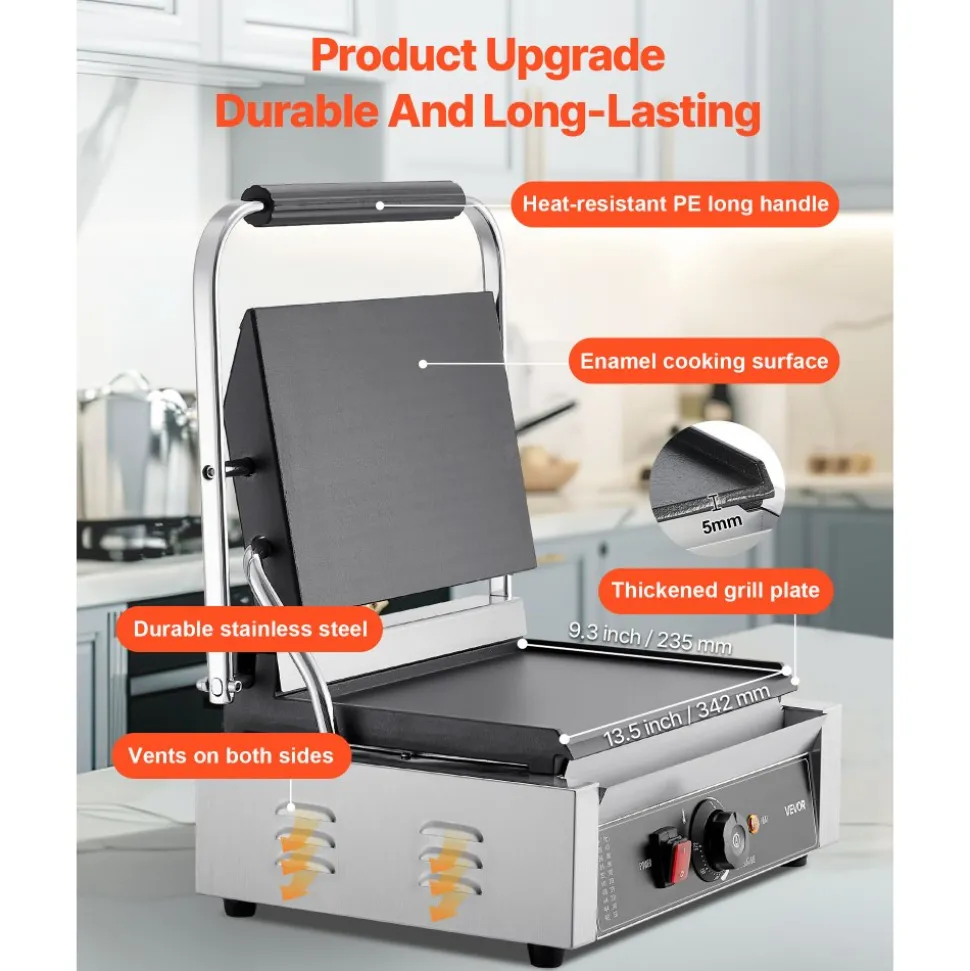 VEVOR Commercial Panini Grill, 3600W Electric Sandwich Panini Maker, Stainless Steel Double Sandwichs Press with Handle and Temp Control, 19x9 in Full Grooved Enamel Plate, for Hamburger Steak Bacon