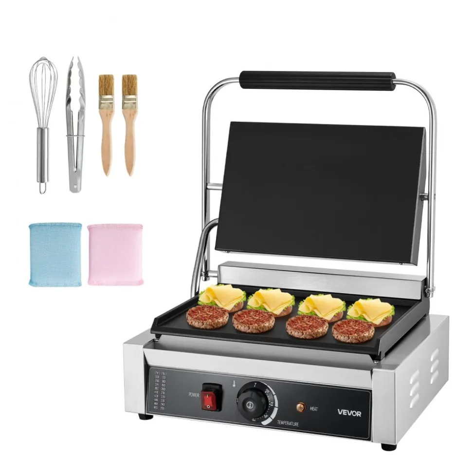 VEVOR Commercial Panini Grill, 3600W Electric Sandwich Panini Maker, Stainless Steel Double Sandwichs Press with Handle and Temp Control, 19x9 in Full Grooved Enamel Plate, for Hamburger Steak Bacon