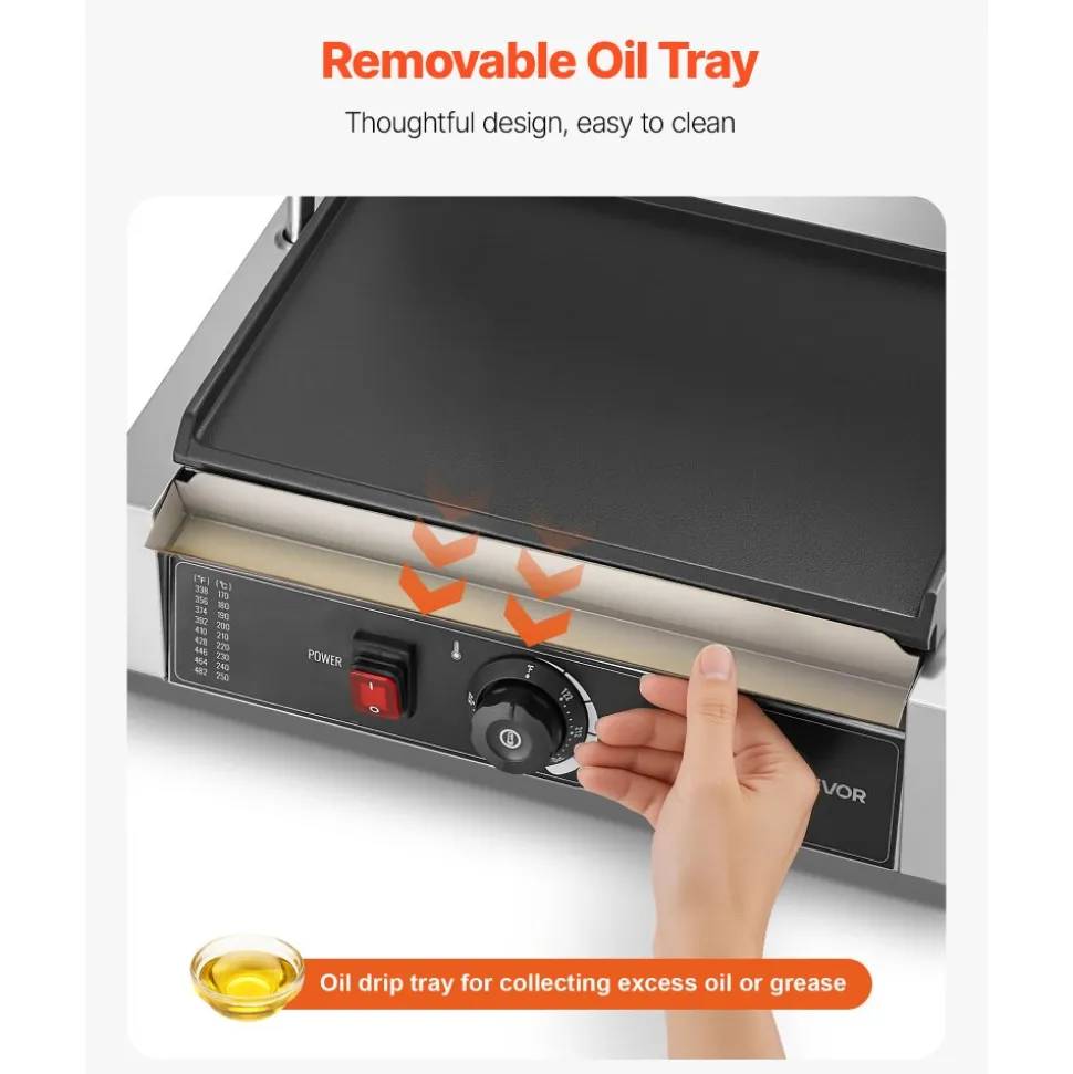 VEVOR Commercial Panini Grill, 3600W Electric Sandwich Panini Maker, Stainless Steel Double Sandwichs Press with Handle and Temp Control, 19x9 in Full Grooved Enamel Plate, for Hamburger Steak Bacon