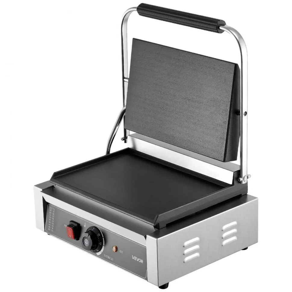 VEVOR Commercial Panini Grill, 3600W Electric Sandwich Panini Maker, Stainless Steel Double Sandwichs Press with Handle and Temp Control, 19x9 in Full Grooved Enamel Plate, for Hamburger Steak Bacon
