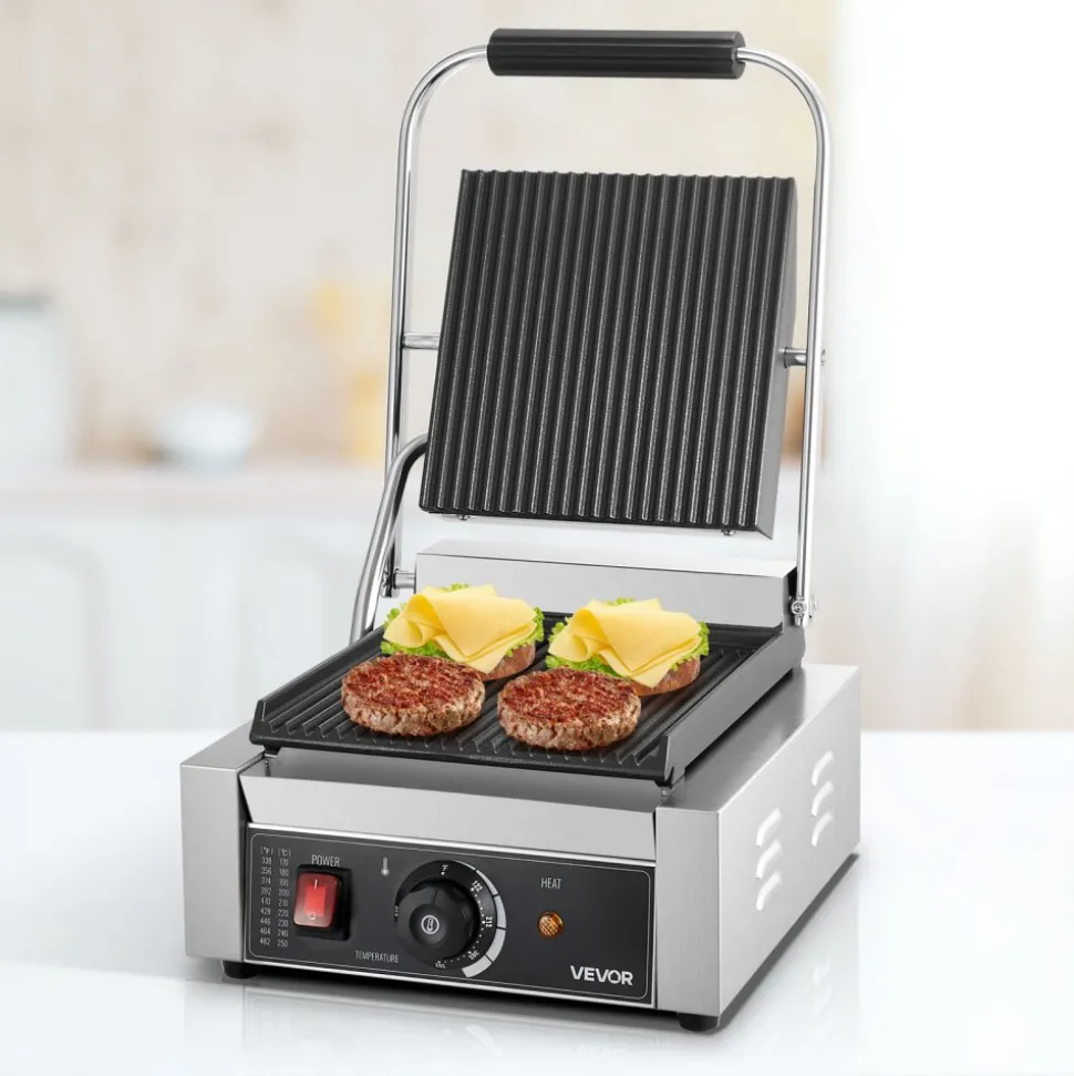 VEVOR Commercial Panini Grill, 1800W Electric Sandwich Panini Maker, Stainless Steel Sandwichs Press Grill with Handle and Temp Control, 8.8x9 in Full Grooved Enamel Plate for Hamburger Steak Bacon