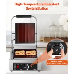 VEVOR Commercial Panini Grill, 1800W Electric Sandwich Panini Maker, Stainless Steel Sandwichs Press Grill with Handle and Temp Control, 8.8x9 in Full Grooved Enamel Plate for Hamburger Steak Bacon
