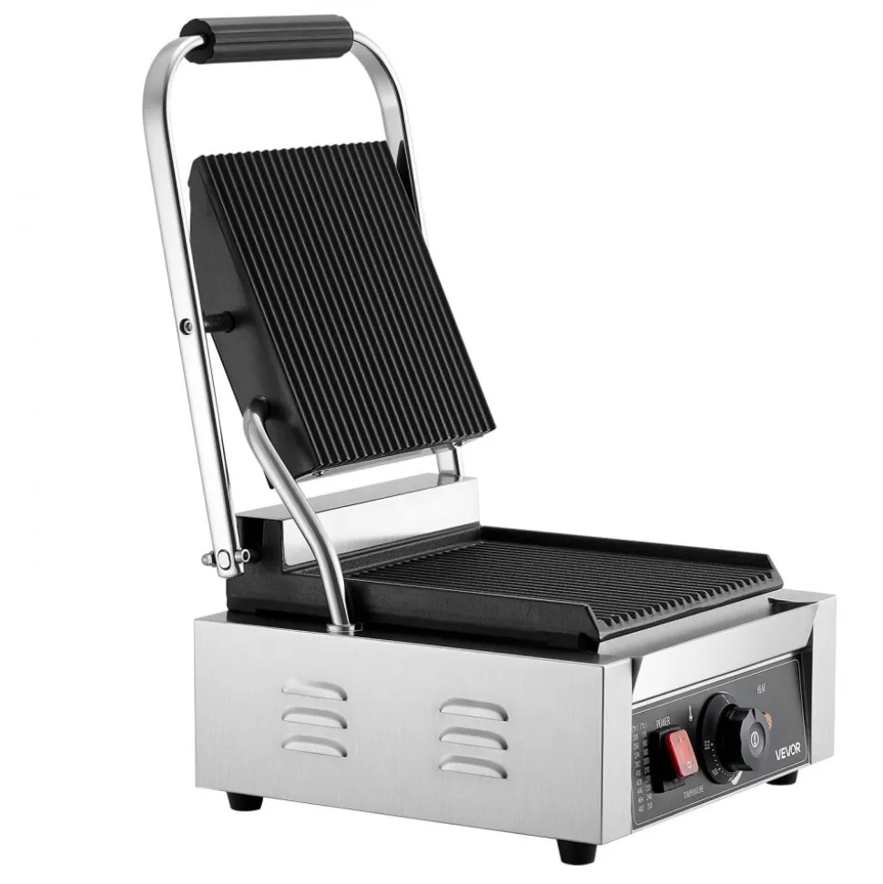 VEVOR Commercial Panini Grill, 1800W Electric Sandwich Panini Maker, Stainless Steel Sandwichs Press Grill with Handle and Temp Control, 8.8x9 in Full Grooved Enamel Plate for Hamburger Steak Bacon