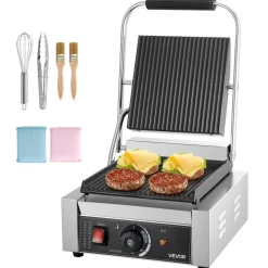 VEVOR Commercial Panini Grill, 1800W Electric Sandwich Panini Maker, Stainless Steel Sandwichs Press Grill with Handle and Temp Control, 8.8x9 in Full Grooved Enamel Plate for Hamburger Steak Bacon