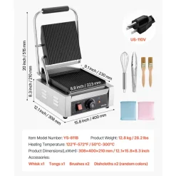 VEVOR Commercial Panini Grill, 1800W Electric Sandwich Panini Maker, Stainless Steel Sandwichs Press Grill with Handle and Temp Control, 8.8x9 in Full Grooved Enamel Plate for Hamburger Steak Bacon