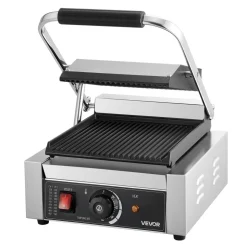 VEVOR Commercial Panini Grill, 1800W Electric Sandwich Panini Maker, Stainless Steel Sandwichs Press Grill with Handle and Temp Control, 8.8x9 in Full Grooved Enamel Plate for Hamburger Steak Bacon
