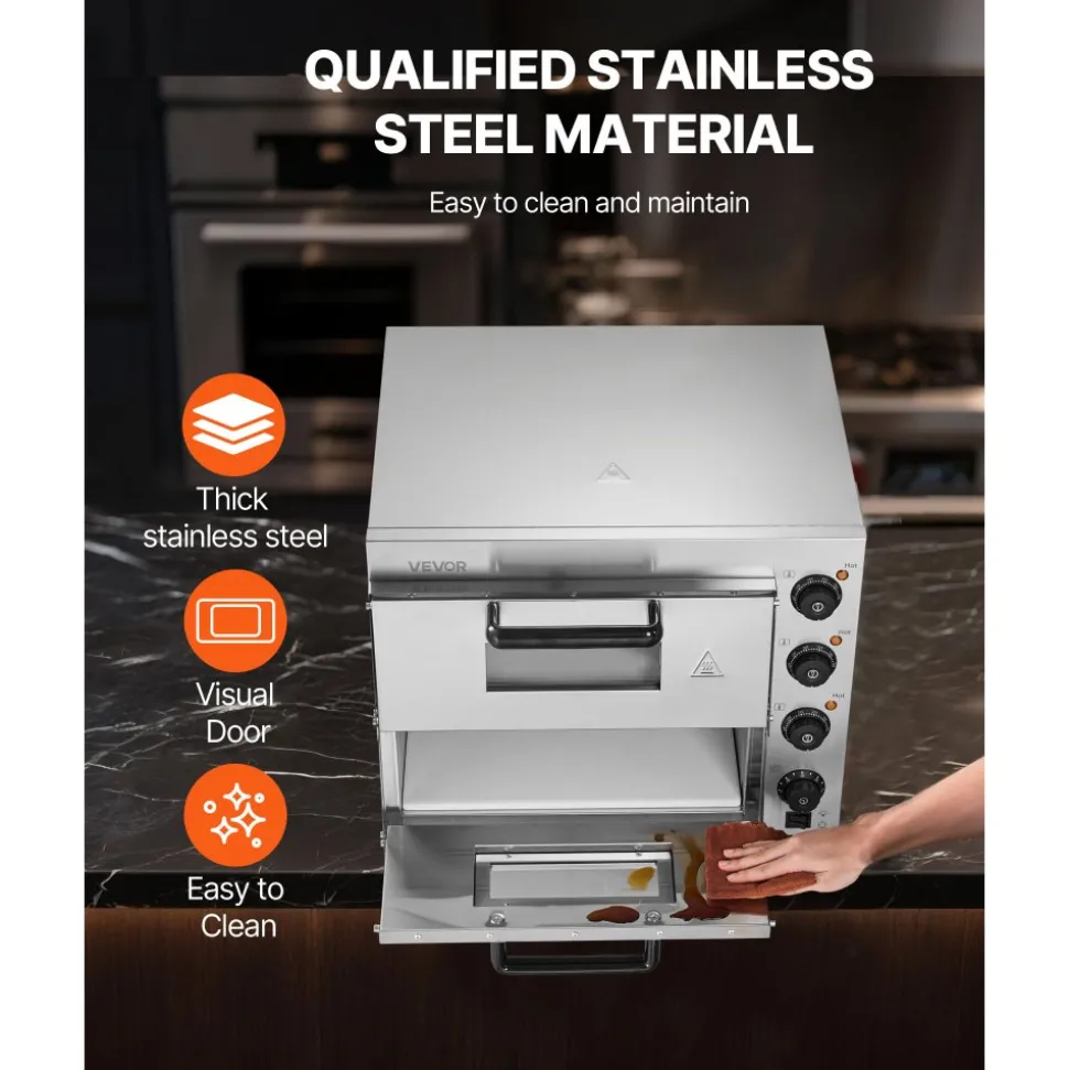 VEVOR Commercial Pizza Oven Countertop, 16-Inch Double Deck Layers, Stainless Steel Electric Pizza Oven with Stone and Handle, Multipurpose Indoor Pizza Maker for Restaurant Home Pretzels Baked