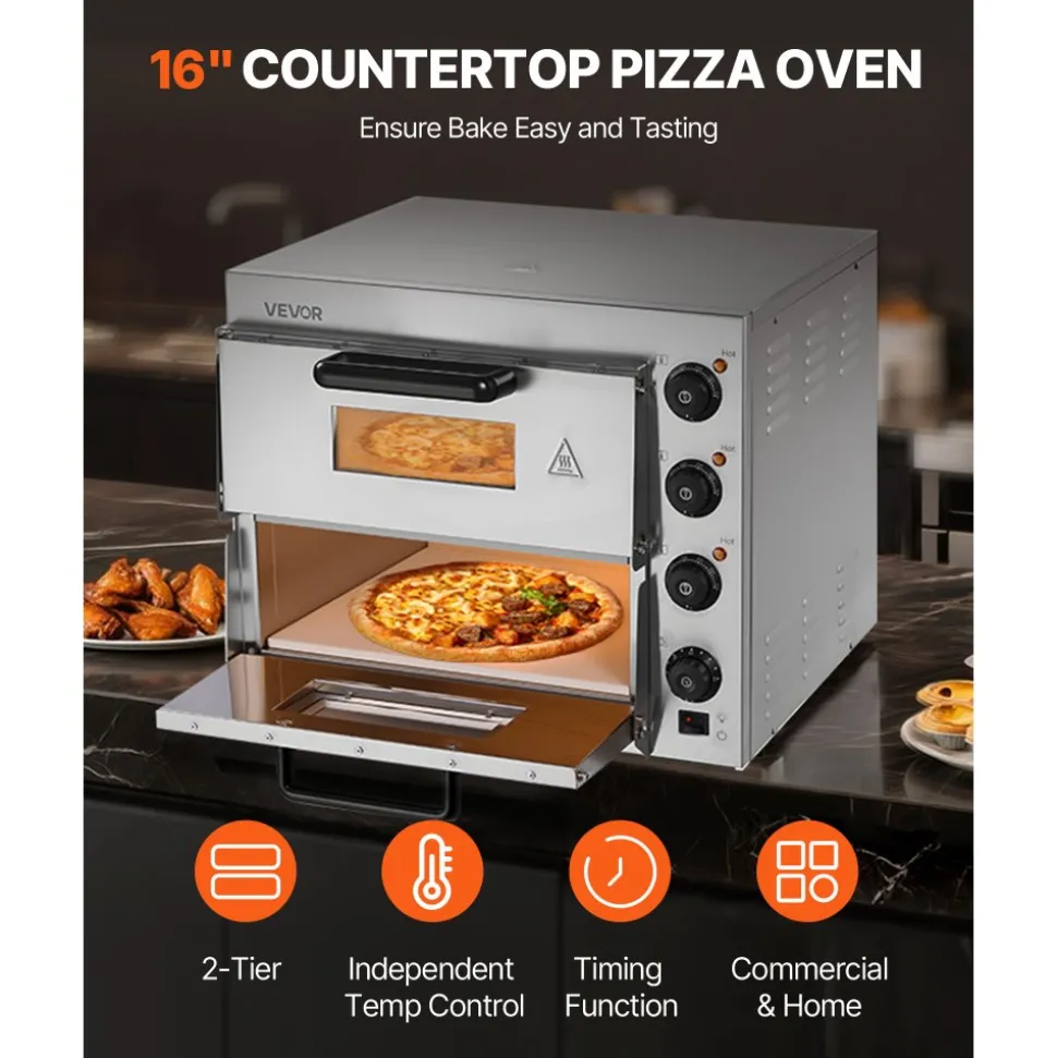 VEVOR Commercial Pizza Oven Countertop, 16-Inch Double Deck Layers, Stainless Steel Electric Pizza Oven with Stone and Handle, Multipurpose Indoor Pizza Maker for Restaurant Home Pretzels Baked
