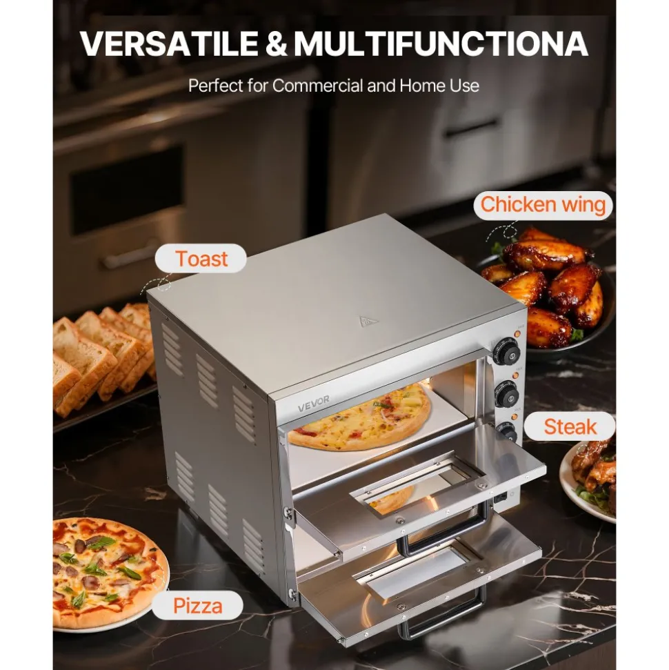 VEVOR Commercial Pizza Oven Countertop, 16-Inch Double Deck Layers, Stainless Steel Electric Pizza Oven with Stone and Handle, Multipurpose Indoor Pizza Maker for Restaurant Home Pretzels Baked