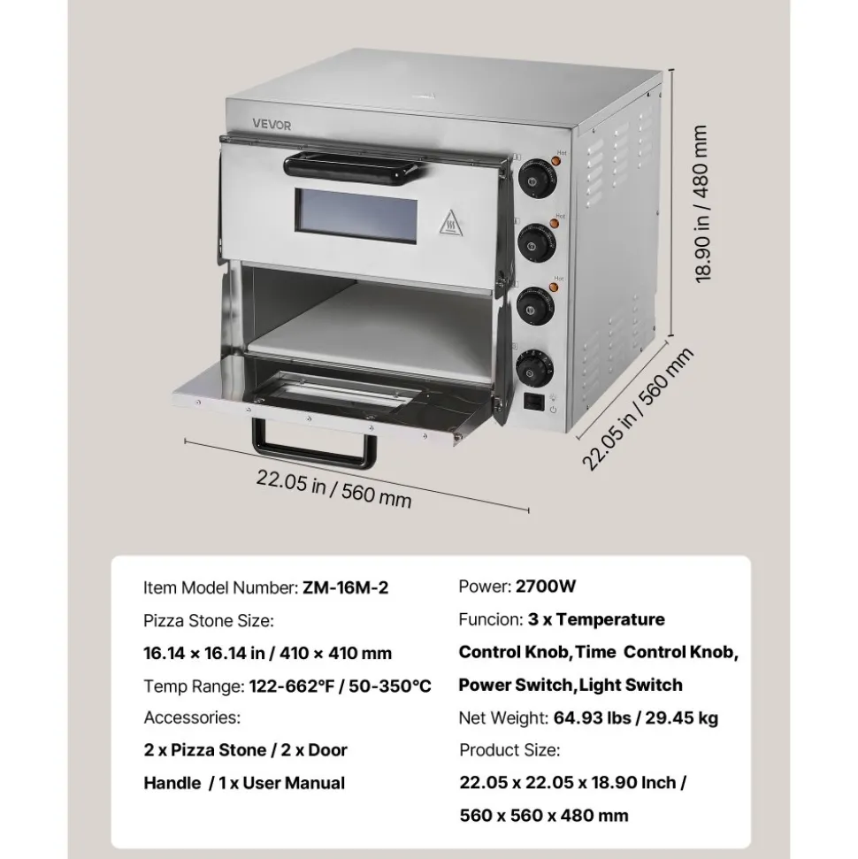 VEVOR Commercial Pizza Oven Countertop, 16-Inch Double Deck Layers, Stainless Steel Electric Pizza Oven with Stone and Handle, Multipurpose Indoor Pizza Maker for Restaurant Home Pretzels Baked