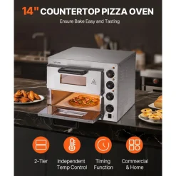 VEVOR Commercial Pizza Oven Countertop, 14-Inch Double Deck Layer, Stainless Steel Electric Pizza Oven with Stone and Handle, Multipurpose Indoor Pizza Maker for Restaurant Home Pretzels Baked