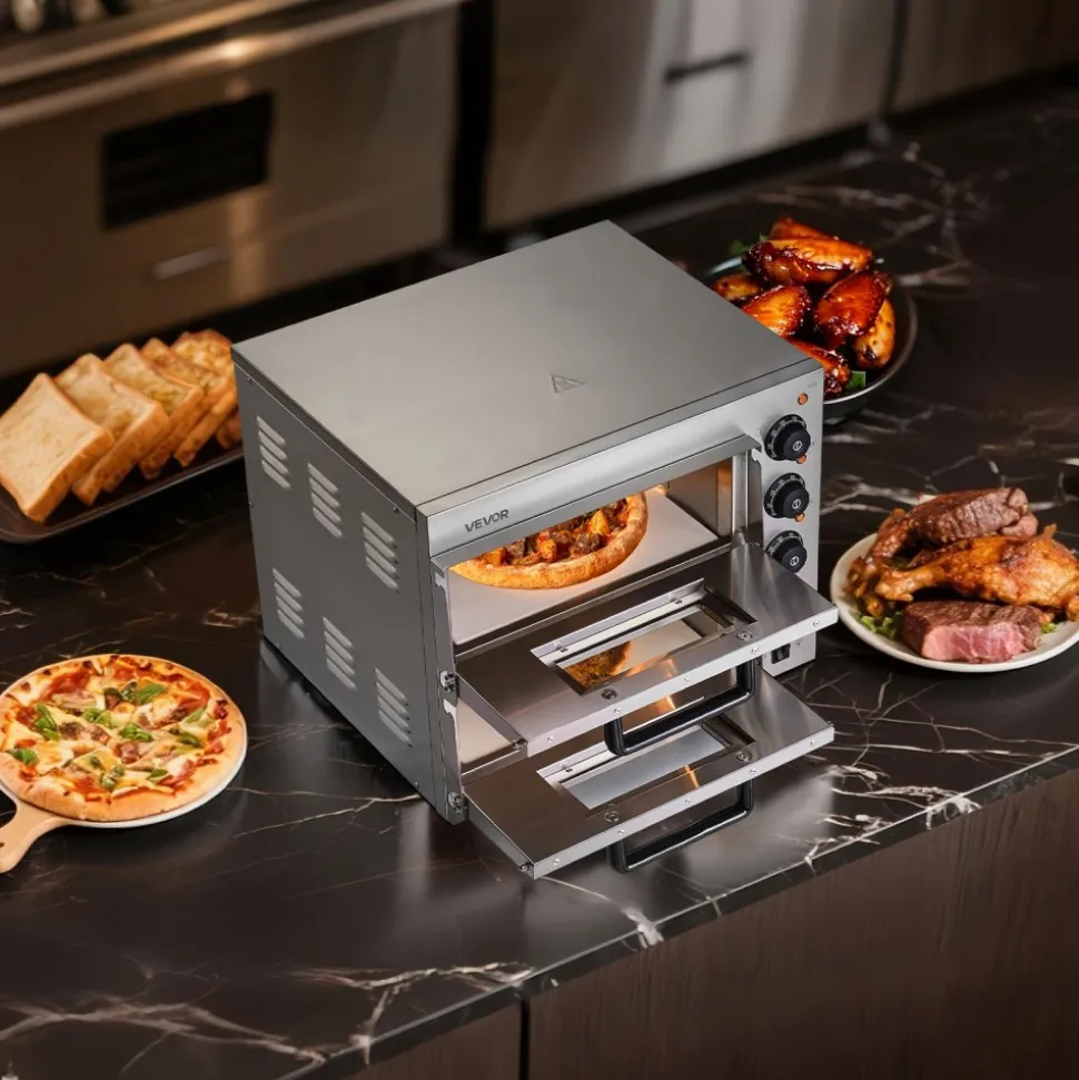 VEVOR Commercial Pizza Oven Countertop, 14-Inch Double Deck Layer, Stainless Steel Electric Pizza Oven with Stone and Handle, Multipurpose Indoor Pizza Maker for Restaurant Home Pretzels Baked