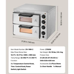 VEVOR Commercial Pizza Oven Countertop, 14-Inch Double Deck Layer, Stainless Steel Electric Pizza Oven with Stone and Handle, Multipurpose Indoor Pizza Maker for Restaurant Home Pretzels Baked
