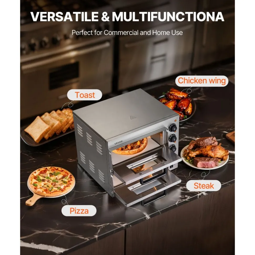 VEVOR Commercial Pizza Oven Countertop, 14-Inch Double Deck Layer, Stainless Steel Electric Pizza Oven with Stone and Handle, Multipurpose Indoor Pizza Maker for Restaurant Home Pretzels Baked