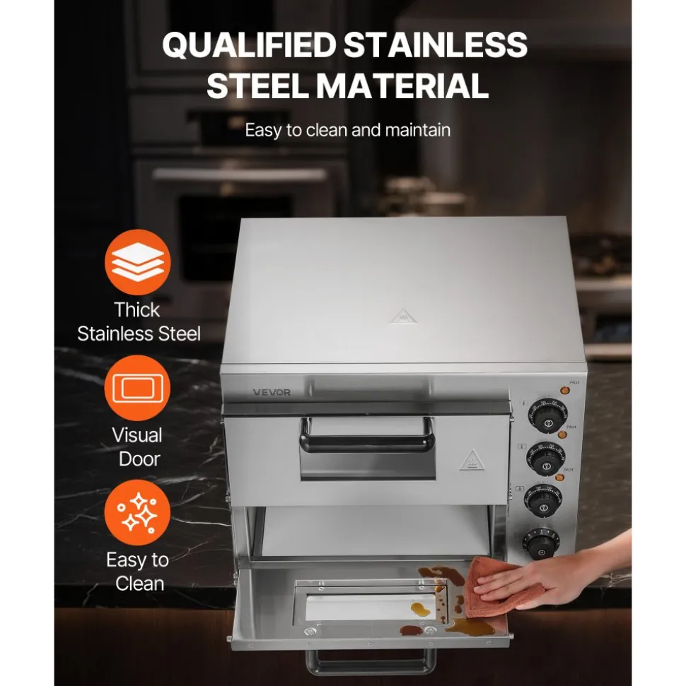 VEVOR Commercial Pizza Oven Countertop, 14-Inch Double Deck Layer, Stainless Steel Electric Pizza Oven with Stone and Handle, Multipurpose Indoor Pizza Maker for Restaurant Home Pretzels Baked