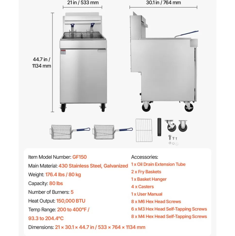 VEVOR Commercial Propane Deep Fryer 150,000 BTU with 2 Baskets, 5-Tube Burner Fryer, Stainless Steel Floor Standing Deep Fryers Cart, 80 lbs Capacity for Restaurants