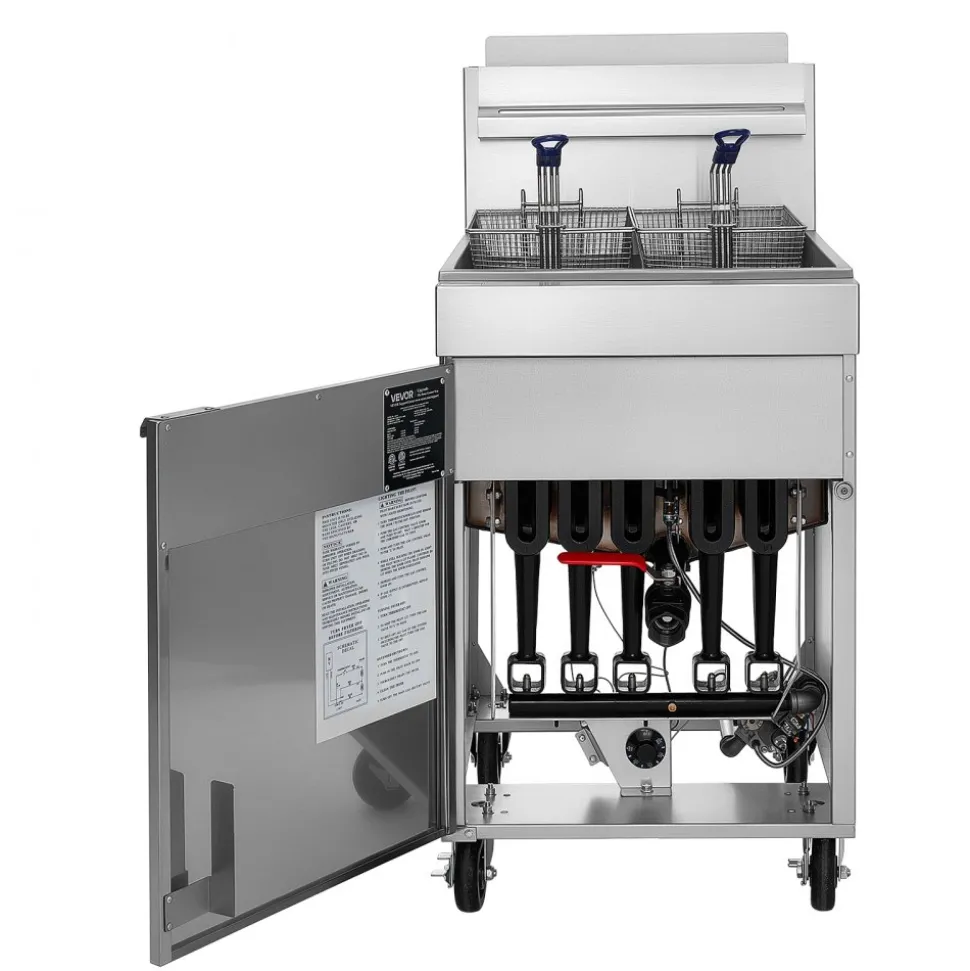 VEVOR Commercial Propane Deep Fryer 150,000 BTU with 2 Baskets, 5-Tube Burner Fryer, Stainless Steel Floor Standing Deep Fryers Cart, 80 lbs Capacity for Restaurants