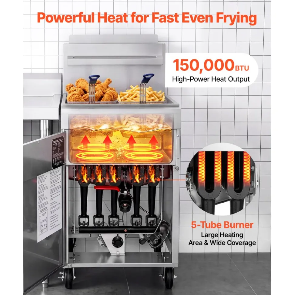 VEVOR Commercial Propane Deep Fryer 150,000 BTU with 2 Baskets, 5-Tube Burner Fryer, Stainless Steel Floor Standing Deep Fryers Cart, 80 lbs Capacity for Restaurants