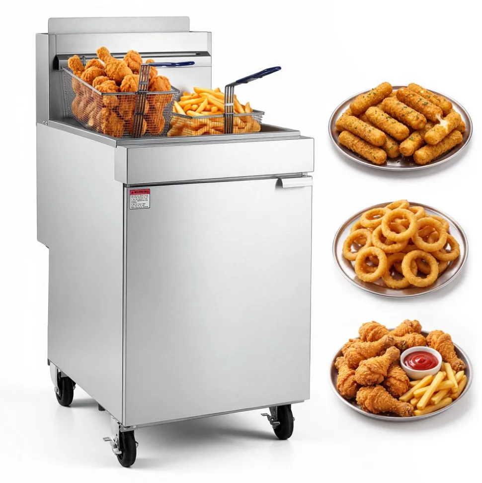 VEVOR Commercial Propane Deep Fryer 150,000 BTU with 2 Baskets, 5-Tube Burner Fryer, Stainless Steel Floor Standing Deep Fryers Cart, 80 lbs Capacity for Restaurants