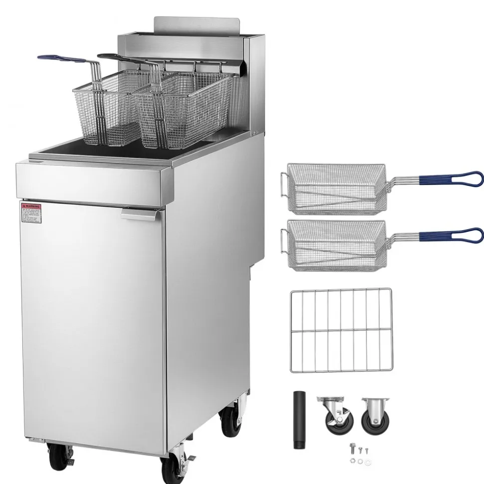 VEVOR Commercial Propane Deep Fryer 90,000 BTU with 2 Baskets, 3-Tube Burner Fryer, Stainless Steel Floor Standing Deep Fryers Cart, 40 lbs Capacity for Restaurants