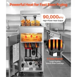 VEVOR Commercial Propane Deep Fryer 90,000 BTU with 2 Baskets, 3-Tube Burner Fryer, Stainless Steel Floor Standing Deep Fryers Cart, 40 lbs Capacity for Restaurants