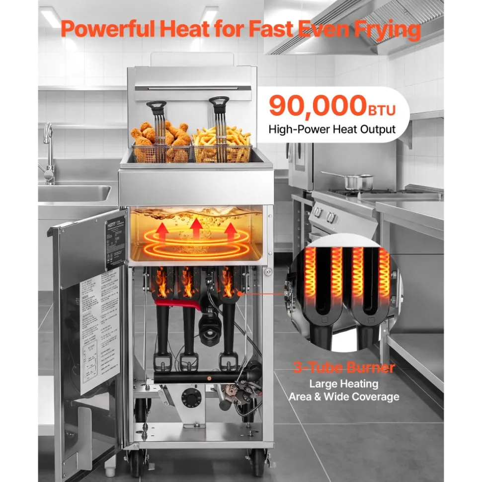 VEVOR Commercial Propane Deep Fryer 90,000 BTU with 2 Baskets, 3-Tube Burner Fryer, Stainless Steel Floor Standing Deep Fryers Cart, 40 lbs Capacity for Restaurants