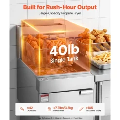 VEVOR Commercial Propane Deep Fryer 90,000 BTU with 2 Baskets, 3-Tube Burner Fryer, Stainless Steel Floor Standing Deep Fryers Cart, 40 lbs Capacity for Restaurants