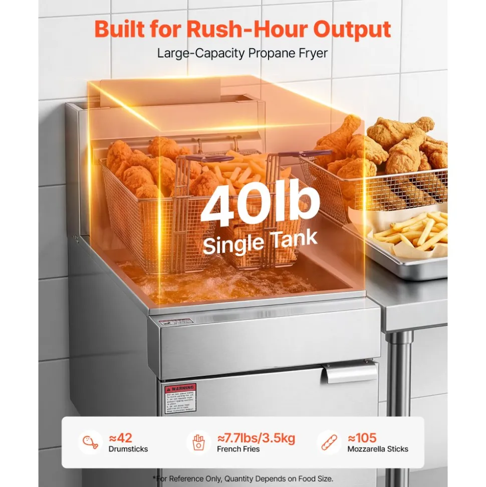 VEVOR Commercial Propane Deep Fryer 90,000 BTU with 2 Baskets, 3-Tube Burner Fryer, Stainless Steel Floor Standing Deep Fryers Cart, 40 lbs Capacity for Restaurants